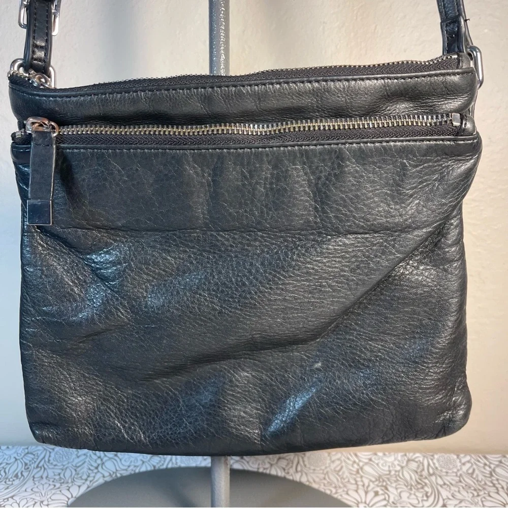 MARGOT Leather Two Zipper Crossbody Shoulder Bag In black leather